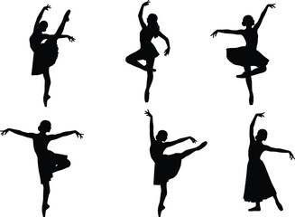 Elegant ballet dancer silhouettes in classical poses, vector illustration showcasing grace, balance, expressive movement, arabesque pirouette stances for dance art and performance design © Subrata