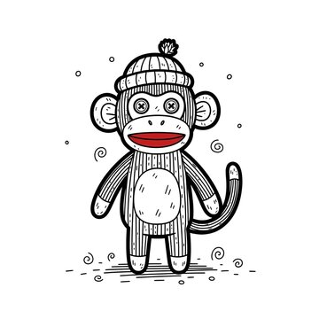 Cute Sock Monkey Wearing a Hat, Hand-Drawn Illustration.