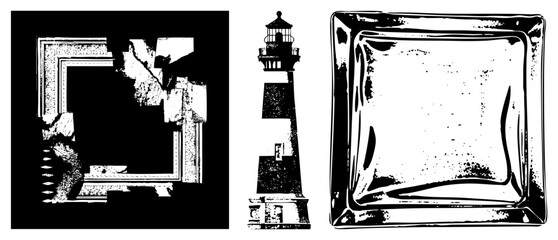 Fototapeta premium Stylized halftone vector fractured frame, coastal lighthouse, square glass dish. Graphic design elements for UI, print, or web with textured aesthetic.