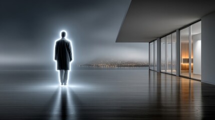 Obraz premium A silhouette emanating light stands in a sleek interior, overlooking a cityscape at twilight