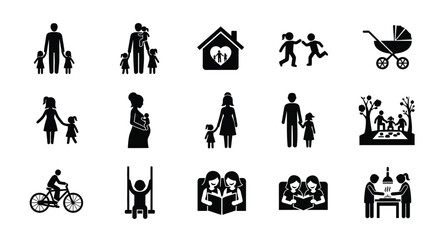 Fototapeta premium Family and parenting icons black silhouettes on white background illustrating various domestic and childcare scenes