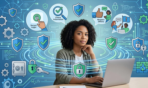 Black Woman at Laptop Surrounded by Hybrid Realism-Illustration Cybersecurity Icons