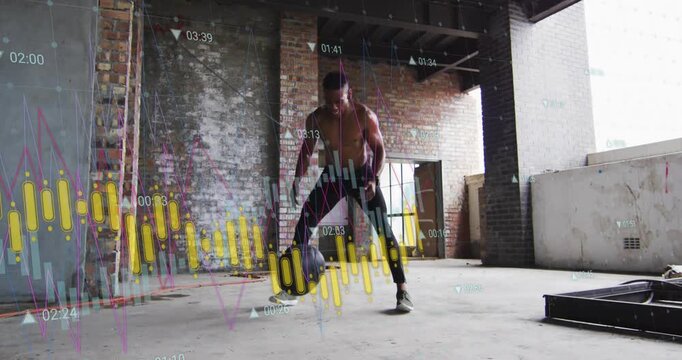 Man starting overhead doing medball slams and rebounds while data charts overlay frame for fitness