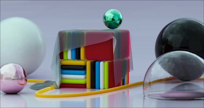 Satisfying 3D Motion Graphics. Multi-Colored Blocks with Glass and Metal Spheres. Creative Minimalist Animation.