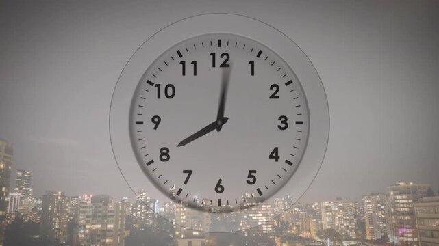 Analog clock centered, mechanism moving hands over skyline showing time flow for designers