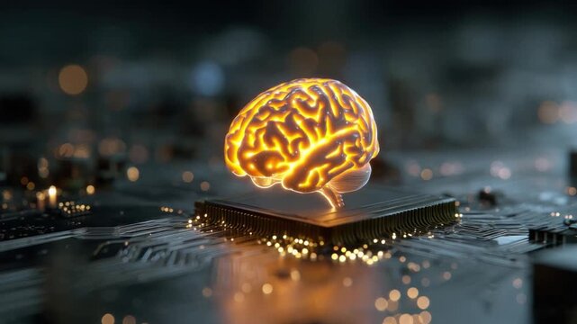 Brain of Innovation: A glowing brain, symbolizing intellect and innovation, rests upon a circuit board, representing the fusion of intelligence and technology.
