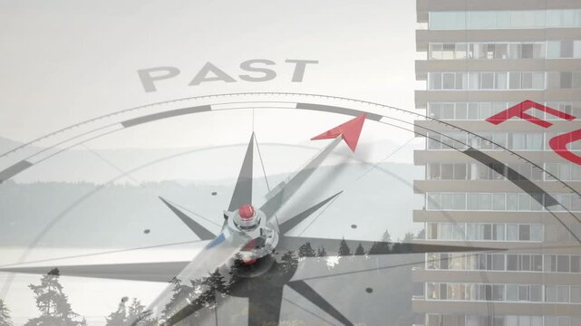 Playback starting compass rotation from PAST toward FUTURE broadcast, red arrow pointing over tower