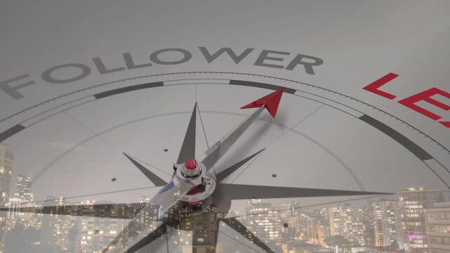 On play compass rotating over city skyline, red-tip needle aligning to LEADER to indicate business