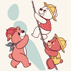 Cute cartoon bears climbing pole, cheerful illustration, cute animals © saharima