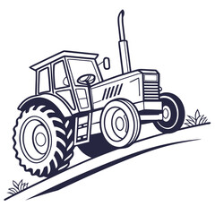 Obraz premium Tractor illustration on grassy hill, farm transport, farming equipment
