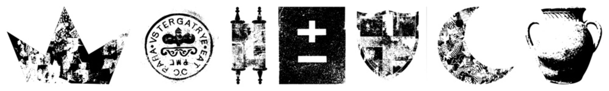 Distressed emblem set featuring crown, Torah scroll, shield, moon, and urn, textured, historical motifs with worn typography.