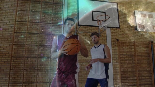 Maroon player shifting, driving baseline toward hoop, aiming to score, cosmic overlay tracing ball