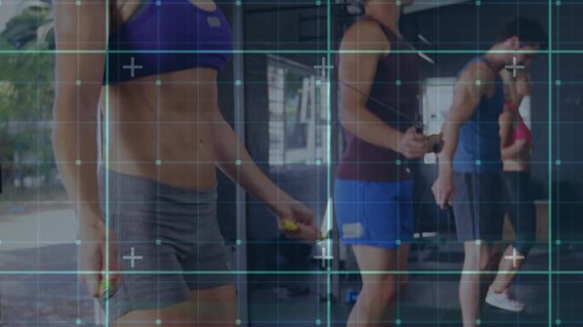 Left woman purple-top skipping rope, camera pulling back showing faces, blue HUD tracking motion