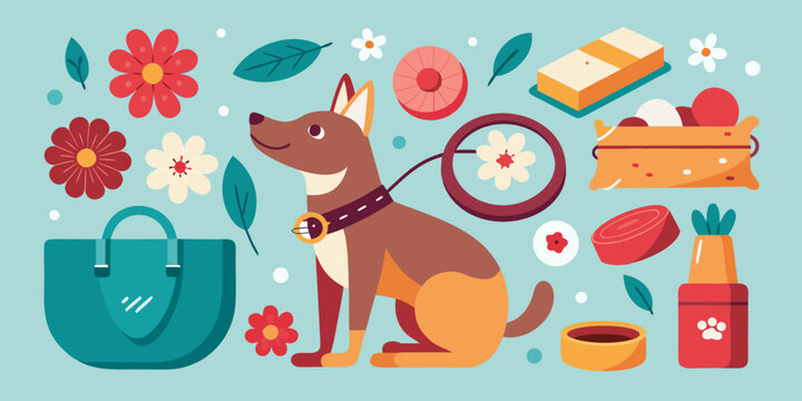 Illustrated dog walking and feeding accessories set with a collar, leash, frisbee, treat bag, food bowl, and a blooming flower branch on display