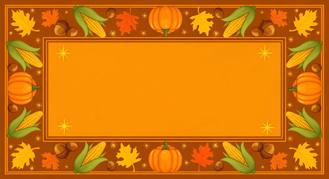 Festive autumn border featuring pumpkins, corn, maple leaves, and acorns, set against a warm orange background, creating a seasonal frame for invitations or graphic designs.