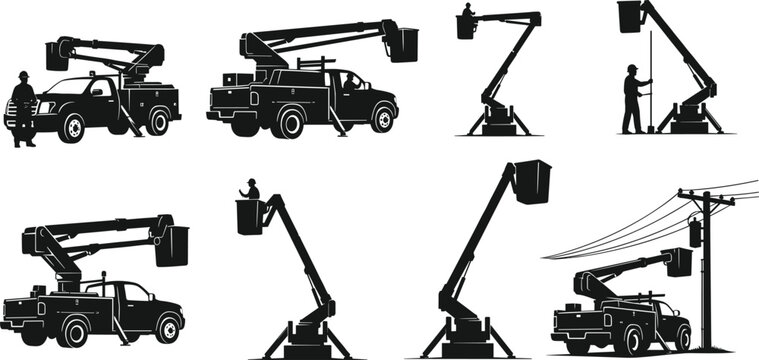 Aerial work platform silhouettes set featuring bucket trucks, cherry pickers, hydraulic man lifts, and utility service vehicles for high altitude maintenance tasks.