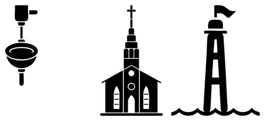 Obraz premium Church steeple with, lighthouse with flag, and plunger tool, minimalist vector, clean art, symbolic representation, public infrastructure, spiritual and maritime guidance.