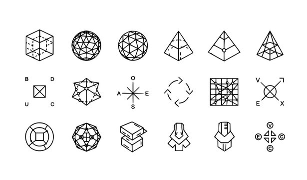 Monochrome 3D modeling icon set wireframe objects and design tool vector collection