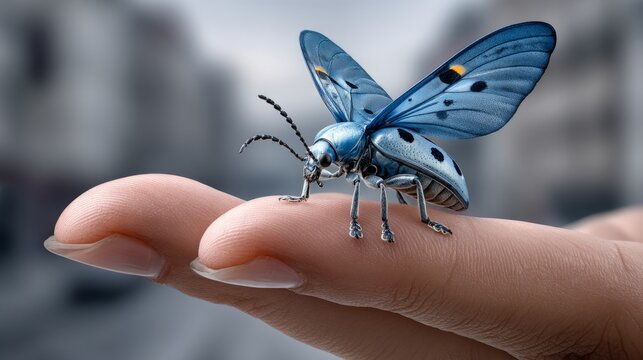 A stunning blue beatle rests gracefully on a person's hand, showcasing nature's beauty against a city scene