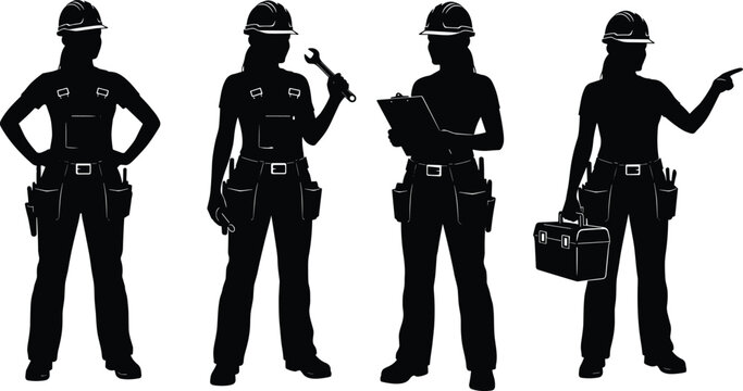 Female construction worker silhouettes set featuring professional builders in safety helmets with tool belts, holding wrenches, clipboards, and industrial equipment boxes.