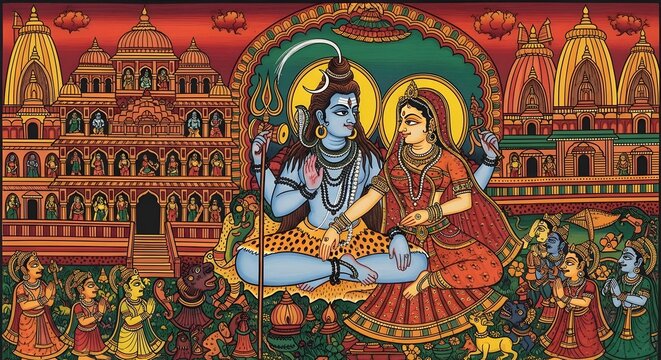 Vivid Traditional Painting of Shiva and Parvati with Divine Aura and Ornate Temple Background