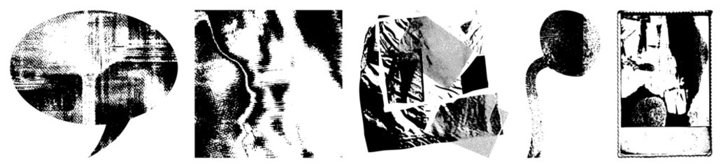 Fototapeta premium Stylized vector with halftone, geometric, and distorted elements perfect for digital art, UI, or graphic experiments. Includes speech bubbles, fragments, textures.