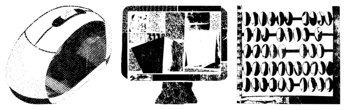 Retro tech trio including computer mouse, CRT monitor, and abacus rendered in halftone dot, vector graphic with tones, tech nostalgia design.