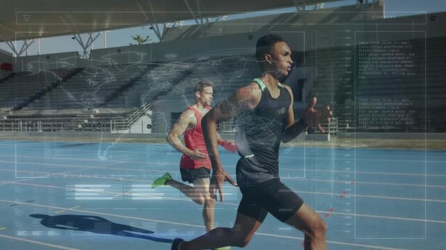 Male sprinters gaining on blue track HUD mapping splits over runners trailing sprinter closing gap