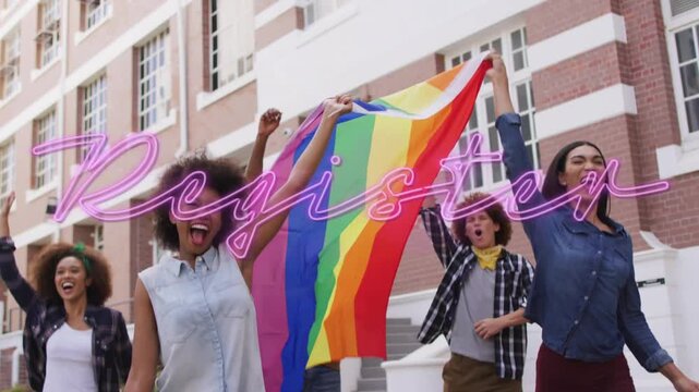 Lead woman stepping group marching civic waving pride flag neon Register showing raising fists