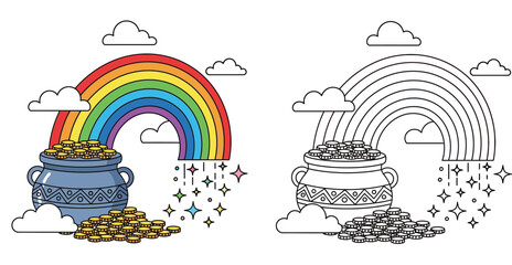 Pot of gold at the end of the rainbow with magic sparkles, St. Patrick's Day vector illustration colored and black outline coloring page for kids © MstTabassum