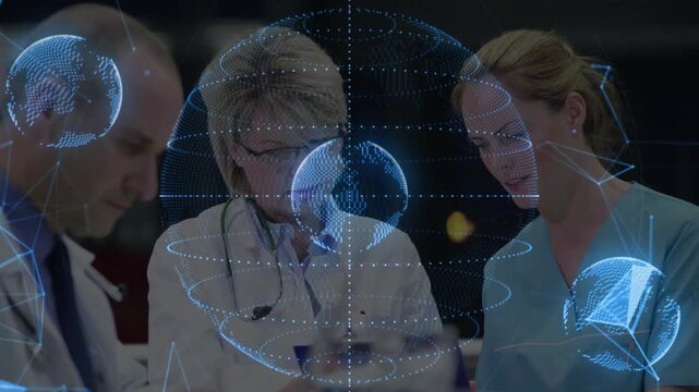 Vertical video: Lead dr guiding health case, tapping pad as nurse pointing pad shifting holo globe