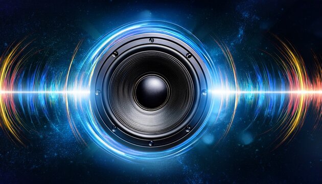 dynamic sound waves illuminate the power of music through vibrant flowing light streams surrounding sleek black speakers against a dark cosmic background