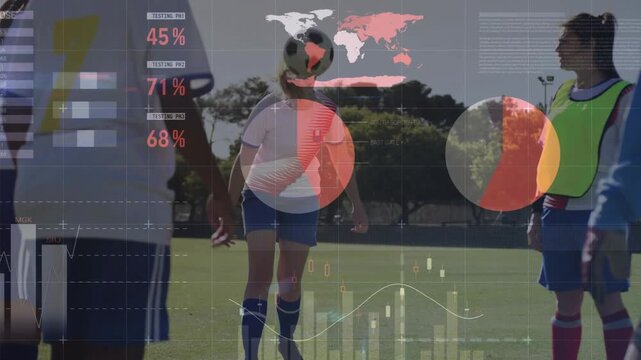 Women players shifting in circle, HUD graphs fading in, center player juggling ball for sports