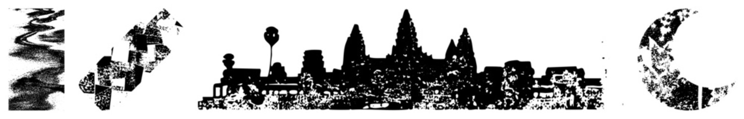 Naklejka premium Angkor Wat temple silhouette with halftone grain, textured foreground, architectural, ancient ruins, Cambodia landmark, vector cutout.