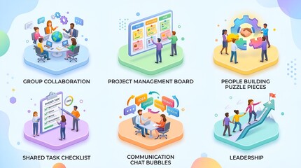 Obraz premium Teamwork Icons Illustrating Business Concepts Like Collaboration and Leadership