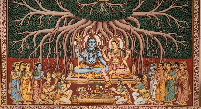 Traditional Indian Painting of Shiva and Parvati Under Sacred Tree with Devotees and Offerings