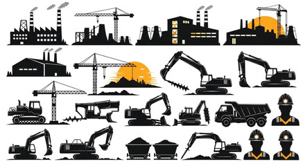 Silhouetted Construction and Industrial Elements - Cranes, Excavators, Factories. © Dianchan