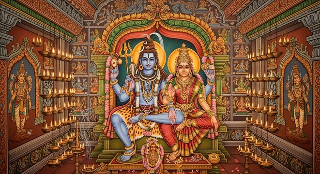 Vivid Artistic Depiction of Shiva and Parvati in Traditional Hindu Temple Setting with Decorative Elements