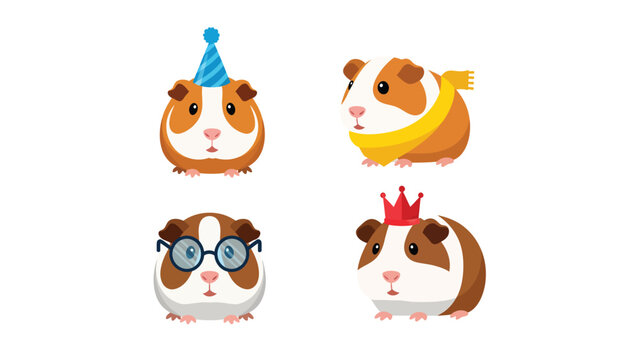 Adorable Cartoon Guinea Pigs with Accessories. Set of Cute Pets in Party Hat, Scarf, Glasses, and Crown