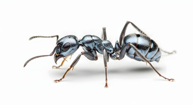 Macro view of metallic ant on white background