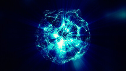 Sparkling blue particles create a glowing orb, emitting intense light rays into deep, dark, empty space. © vannet