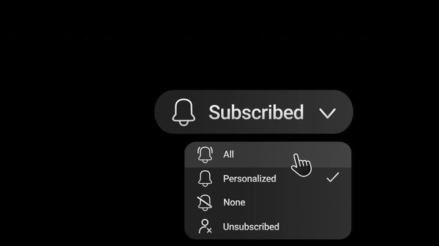 Subscribe Button and Notification Bell Animation &ndash; Modern Social Media UI Overlay with Cursor Click, Alpha Channel, Dark Theme