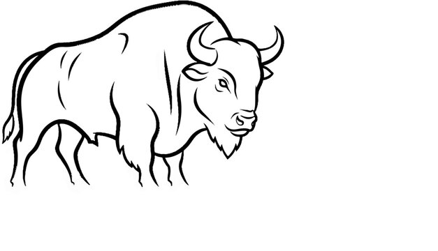 A stylized black and white outline drawing of a bison walking