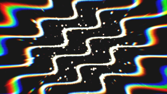 Dark background with sinuous rainbow color bands and glowing white undulating paths speckled with light.