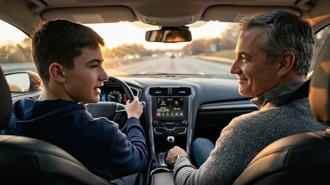 Father Teaching Teenage Son to Drive a Car at Sunset, Young Man Behind the Wheel with Parent, Driving Lesson and Family Bonding Concept