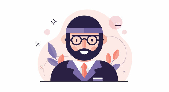 A smiling bearded man with glasses wears a suit and headband