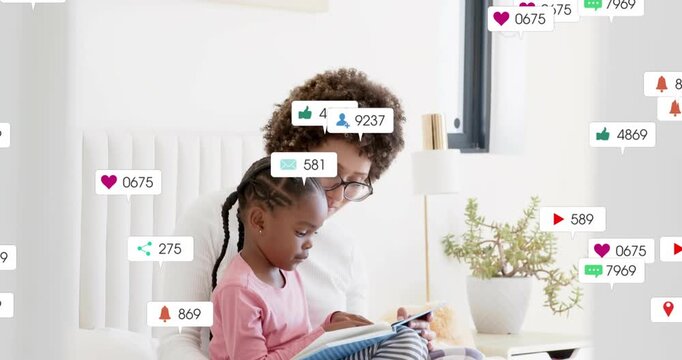 Mom guiding child reading on bed, bubbles popping up, building, fading around book for social media