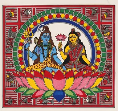 Colorful Traditional Painting of Shiva and Parvati Sitting on Lotus Flower with Divine Symbols