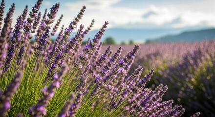Obraz premium A vibrant field of lavender blooms under a clear blue sky, with rolling hills and distant mountains in the background.
