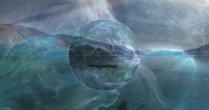Vertical video: Glowing orb with swirls, boat drifting on teal sea as falling ribbon starting drift
